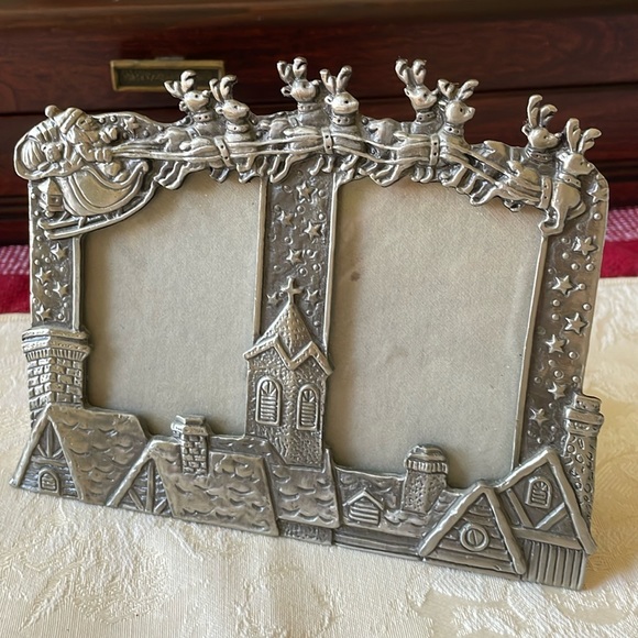 Pewter Christmas Holiday Santa double picture frame - Picture 1 of 7